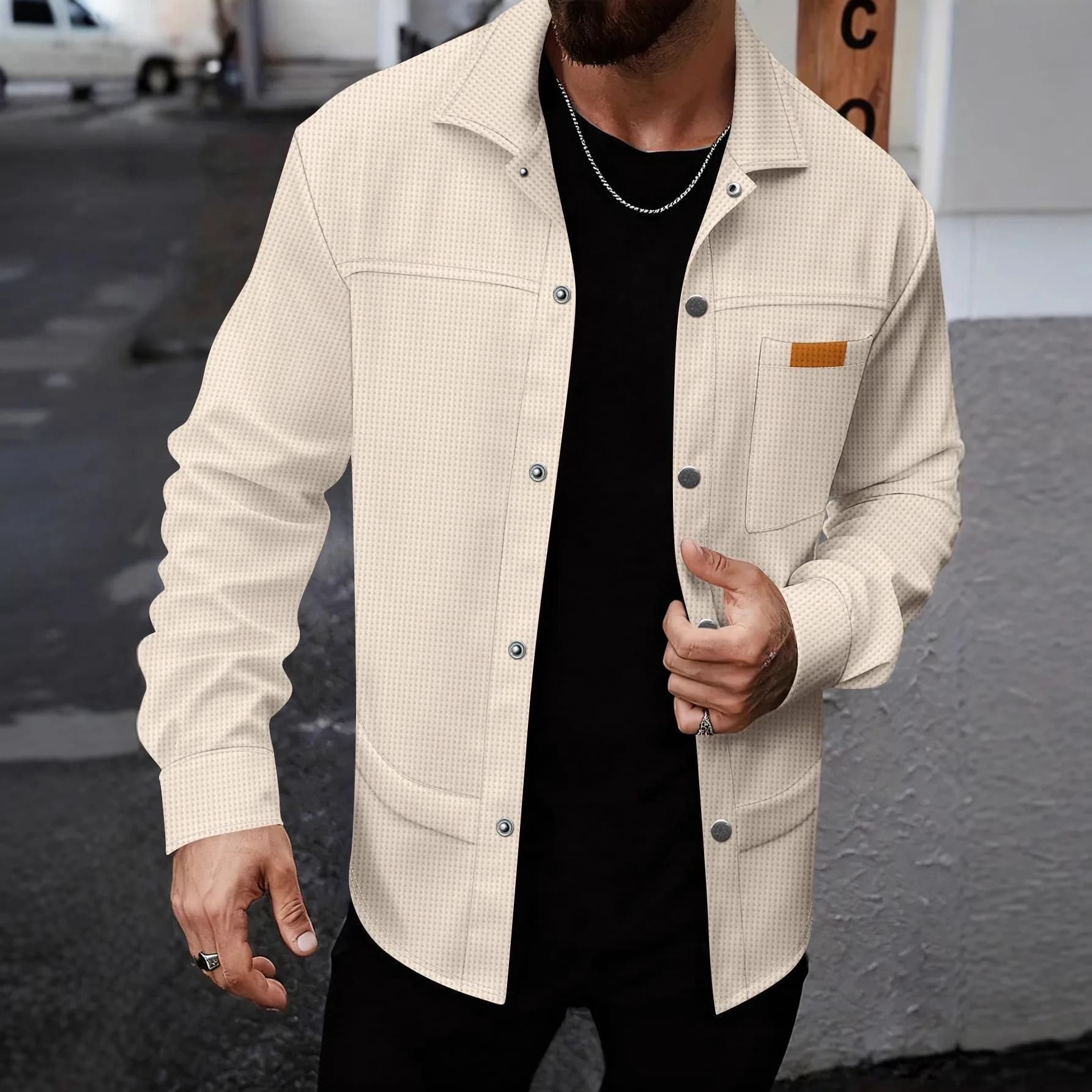 Men's Vintage Textured Work Shirt Jacket Casual Button Down Utility Shacket Long Sleeve Streetwear Overcoat with Pocket Patch