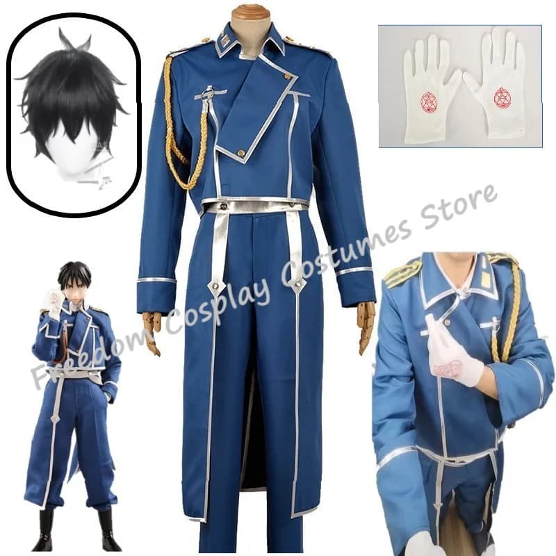 Roy Mustang Cosplay Anime Fullmetal Alchemist Costume Uniform Wig Blue Fight Military Coat for Men Halloween Carnival Suit