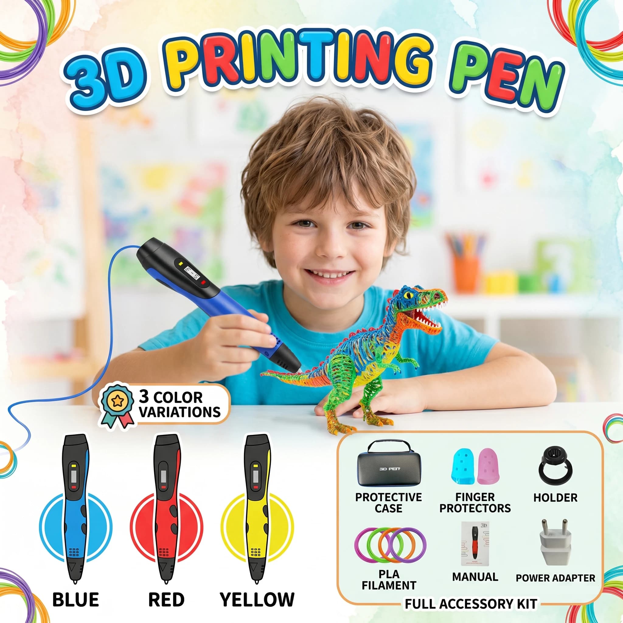 Penna per Stampa 3D Aggiornata con Filamenti PLA, Adattatore EU, Regalo per Bambini, Compleanno, Natale, Capodanno, Strumenti per Pittura Tridimensionale