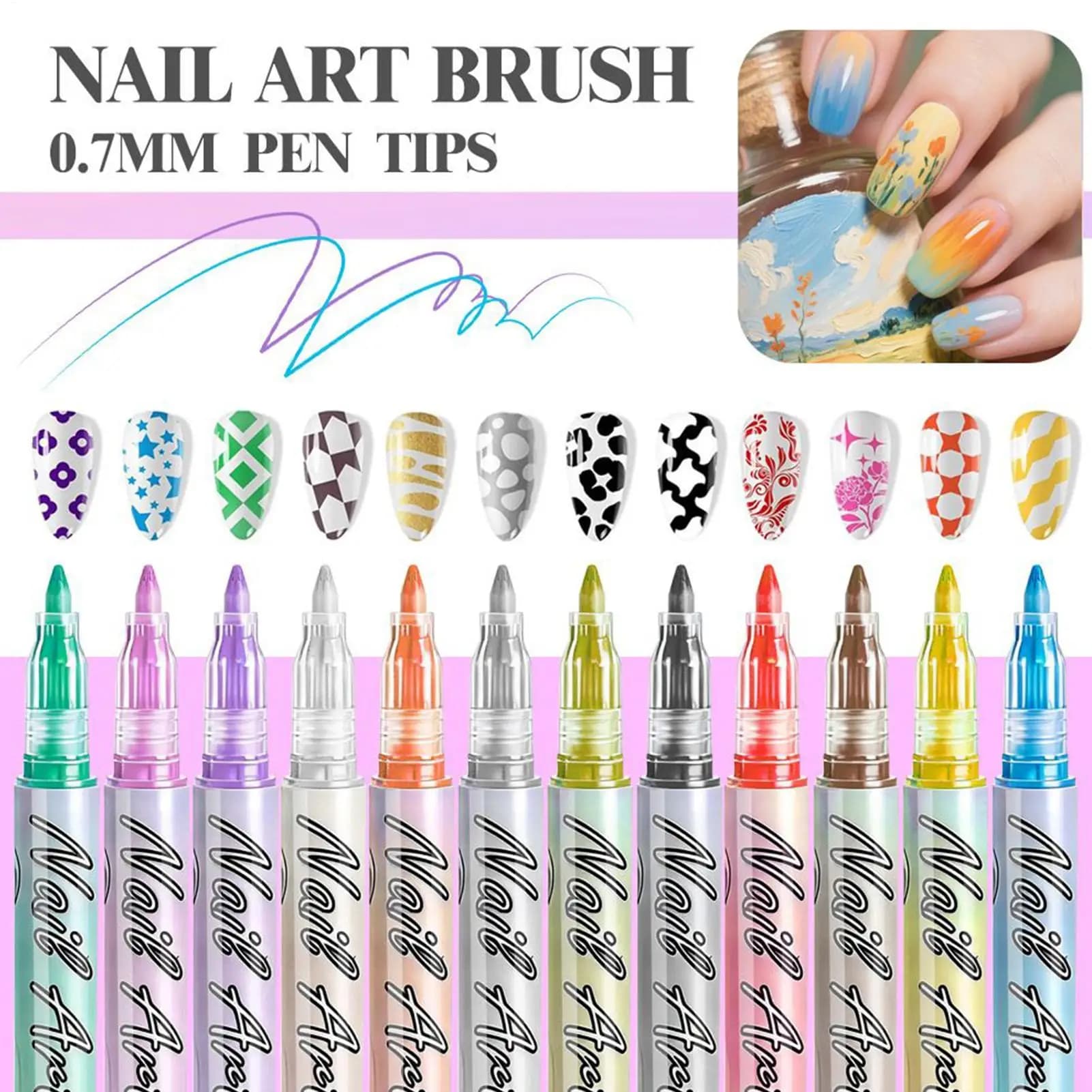 Set di 12 Pennarelli per Unghie Impermeabili ad Asciugatura Rapida, Penna Gel Colorata per Nail Art, Pennarello per Disegno Fai-da-Te con Punta Fine