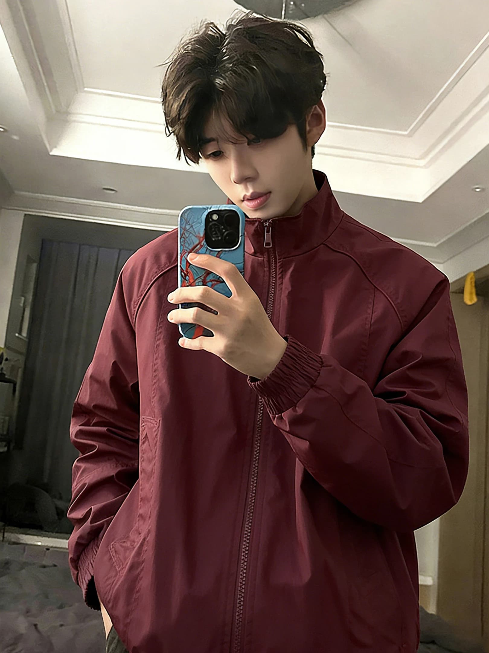 American Style Cleanfit Burgundy Men's Spring Outerwear Flight Jacket High-End Feeling Cool No-Cap Windproof Coat