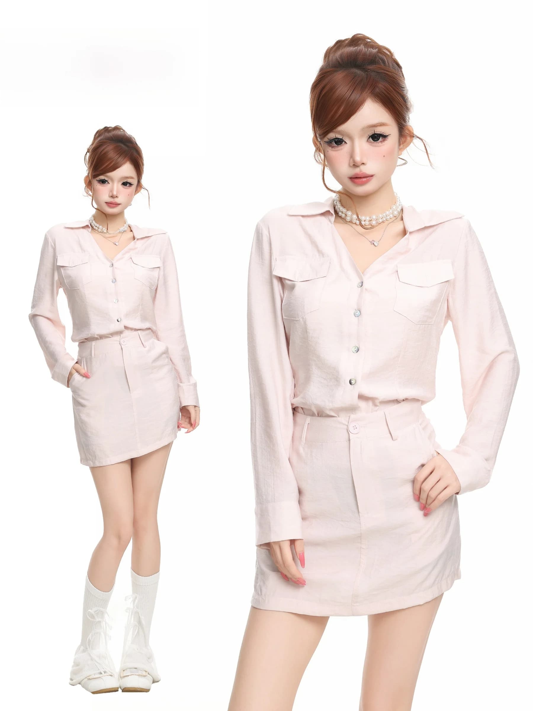 BASTERDS Pink Old Money Style Women's Summer Shirt High Waist Skirt Set Two-Piece Suit Breathable Lightweight Casual Fas...
