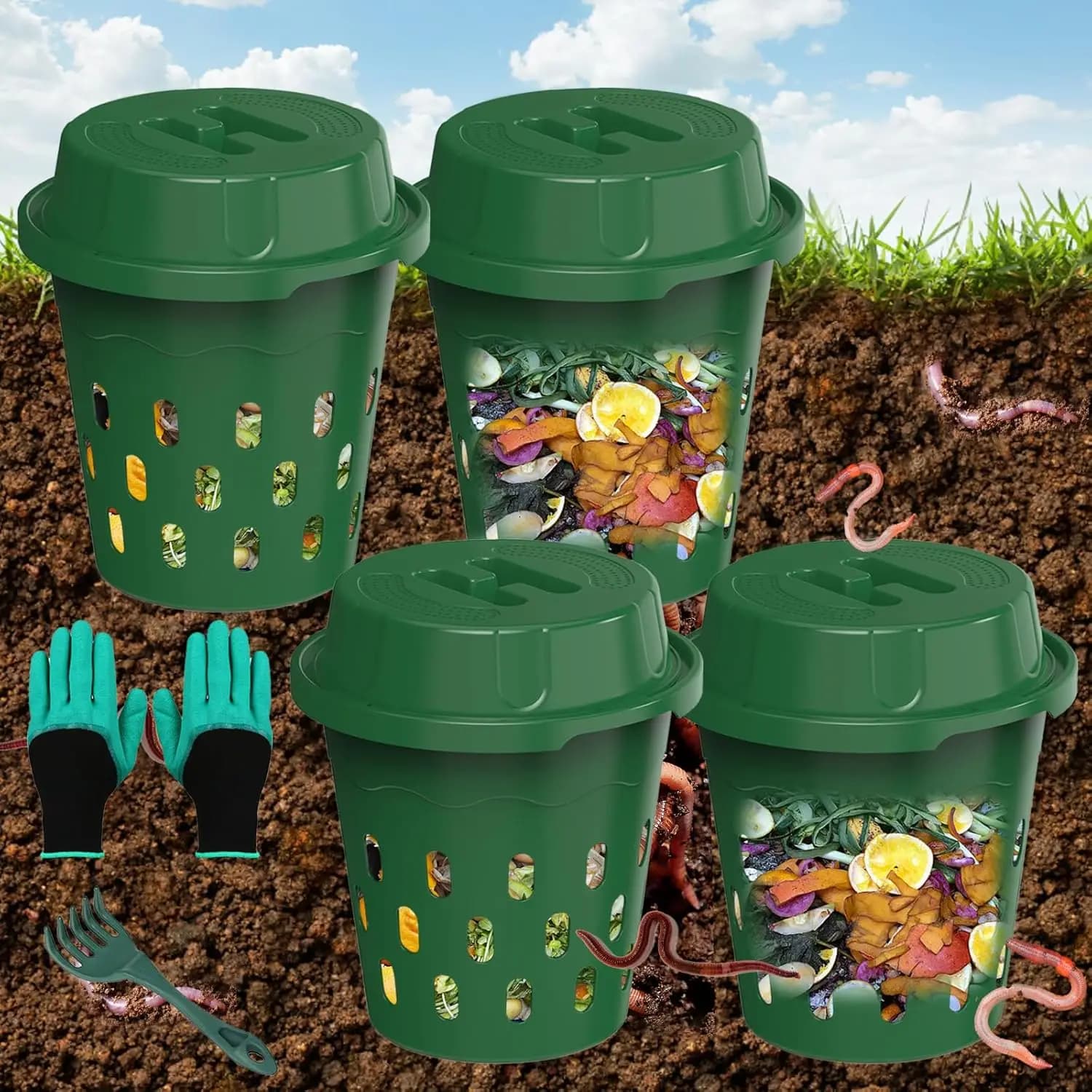 Set di 4 Compostatori per Vermicompostaggio da 8L per Giardini e Uso Domestico, Contenitore per Principianti, Verde