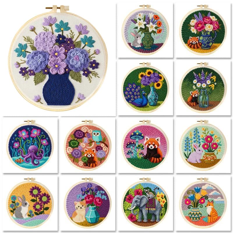 Punch Needle Kits With Frame for Beginners Adults Punch Needle Embroidery Starter Set Vase Animal Easy Handmade Craft Home Decor