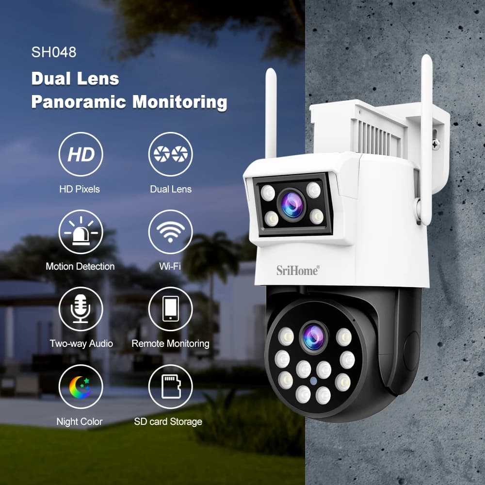 Srihome SH048 Telecamera dome IP PTZ wireless a colori con doppia lente da 4 MP AI Rilevazione umanoide Sicurezza domestica CCTV Baby Monitor