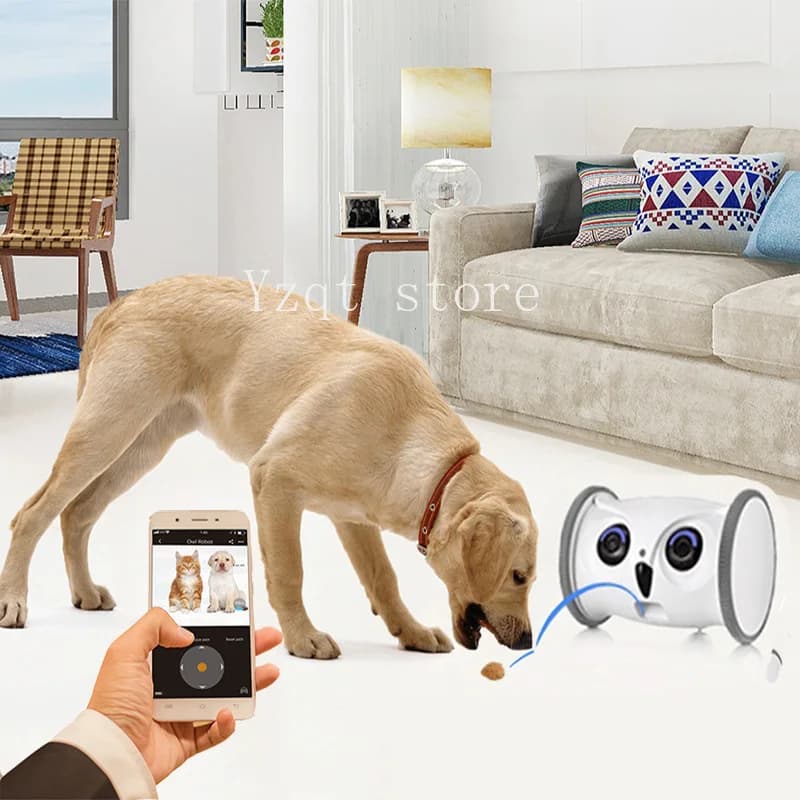 Giocattolo elettrico per animali domestici a forma di gufo con distributore di snack, cane mobile con robot interattivo con fotocamera