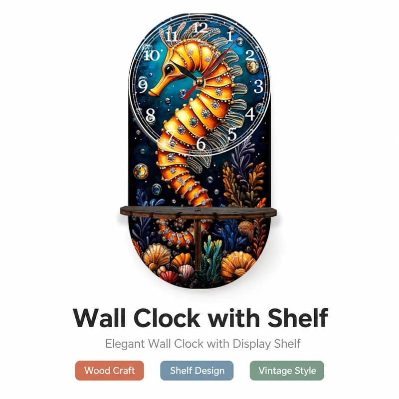 Orologio da Parete Decorativo in Legno a Forma di Cavalluccio Marino Oceanico, Corpo Sfumato Arancione-Giallo Avvolto tra Coralli e Bolle su Sfondo Blu Profondo
