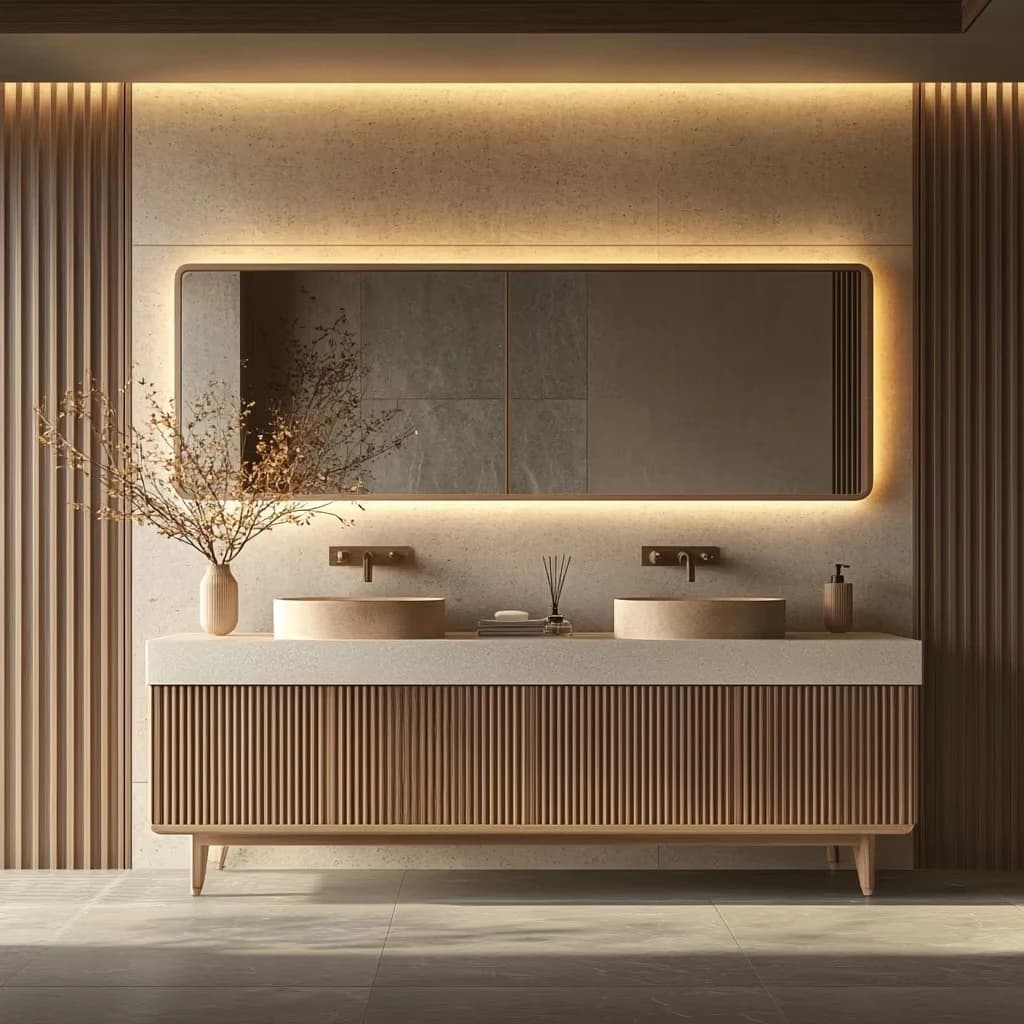 Set Mobile Bagno Moderno in Legno Massello e Compensato 2025 di Tendenza con Specchio a Parete Personalizzabile per Hotel e Bagni Pubblici