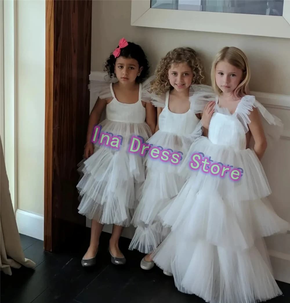 Elegante abito da ragazza di fiore bianco Stratification Tulle soffice per abiti da ballo da sposa Abiti da sera per feste di compleanno per bambini