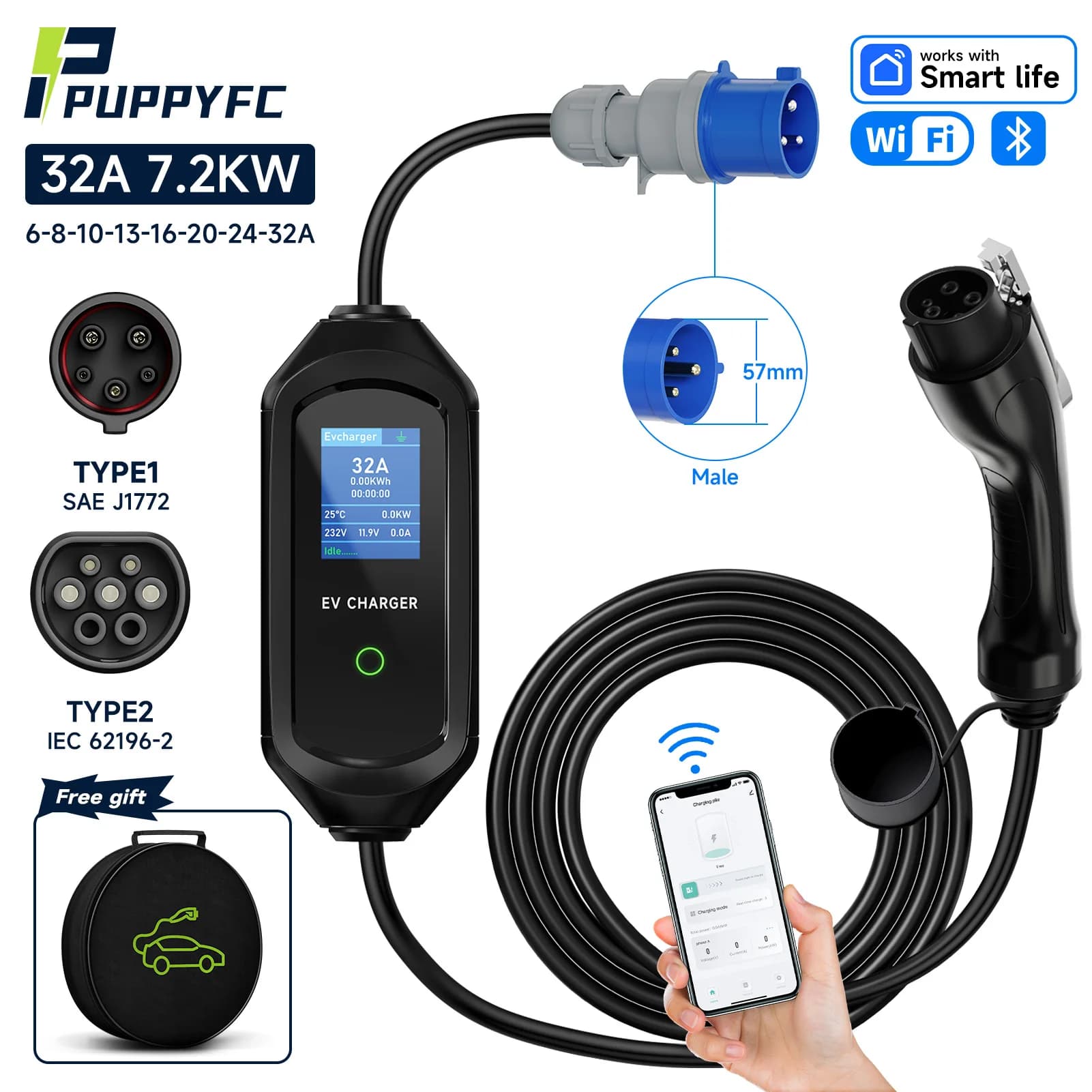EV Puppyfc 7.2KW Type 1, 32A Monophase, Wallbox Type 2/GBT for Electric Cars, Quick EVSE Charging with EEC Plug and WiFi Control