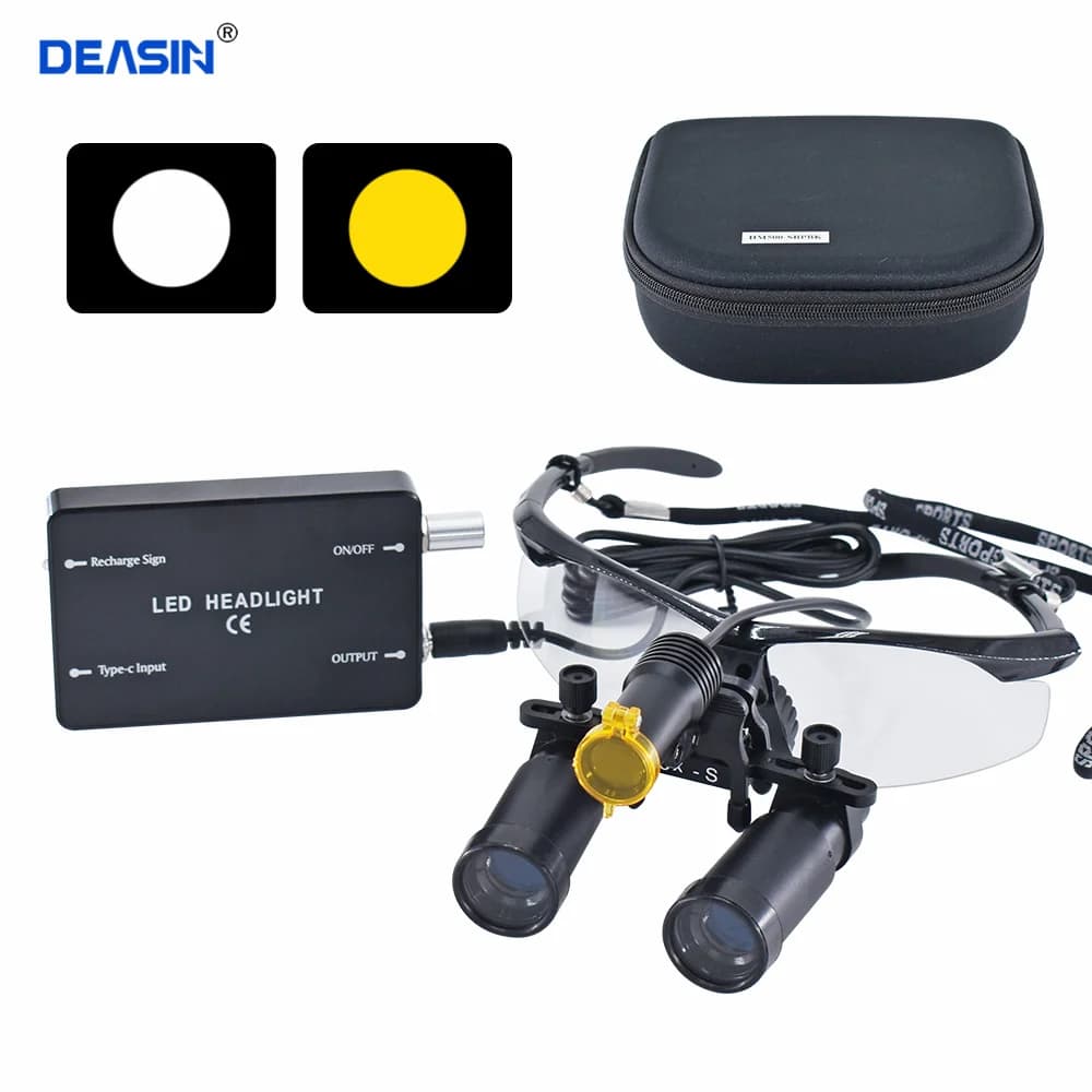 Occhiali Ingrandenti Dentali, Lenti d'Ingrandimento per Laboratorio Dentistico e Medico, Ingrandimento Binoculare 4X 5X 6X 8X, Lampada Frontale Wireless 5W