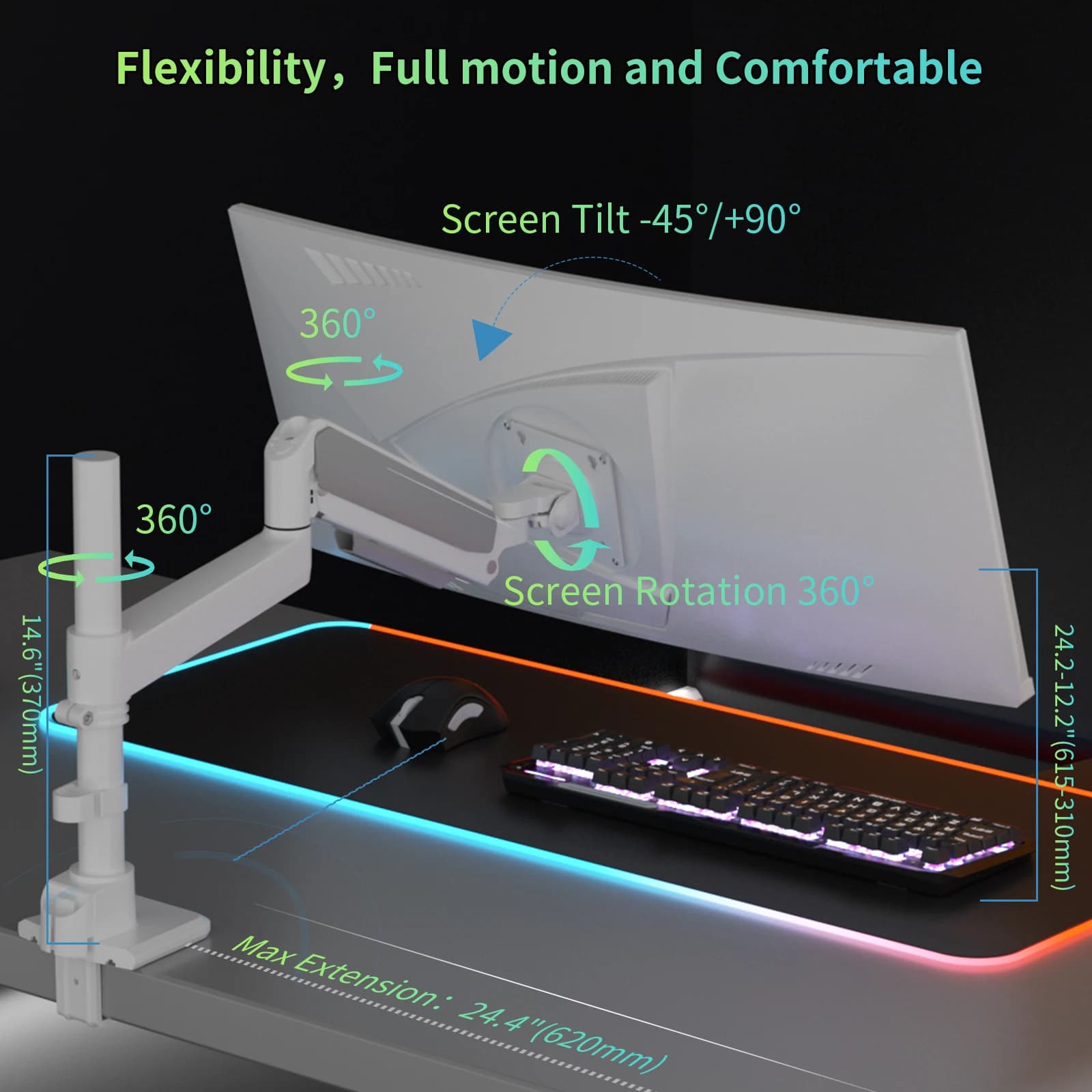 17 to 60 inch monitor arm, fully adjustable heavy load desk support, monitor bracket suitable for 57 55 49" white H9
