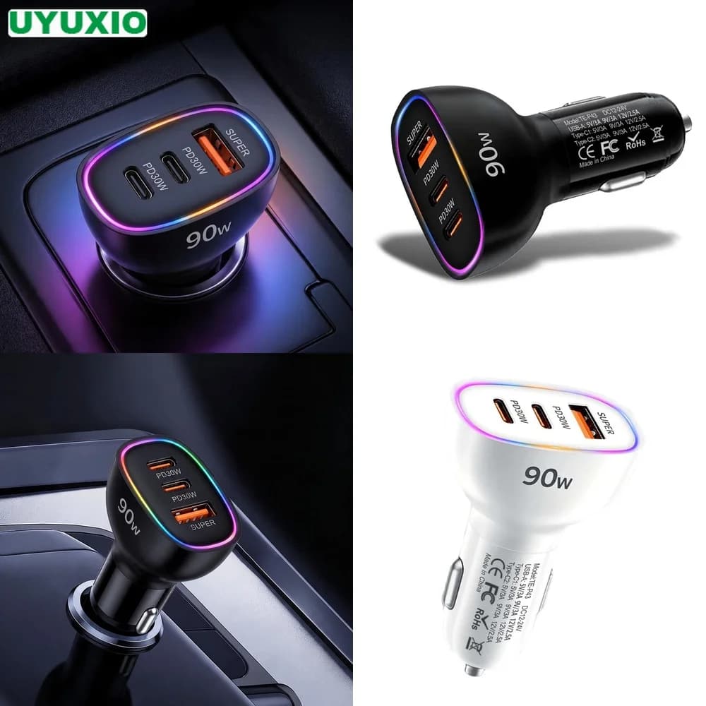 90W Car Charger Multi Port Fast Charging Dual PD 30W Type C USB A 30W Adapter for Laptop MacBook PPS QC3.0 SCP RGB LED Bumper