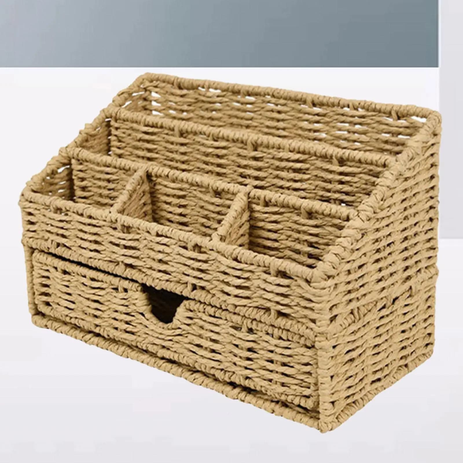 Desk Organizer Woven Storage Basket with Drawer Multifunctional Storage Box for Letters Pens Toiletries Office Bathroom