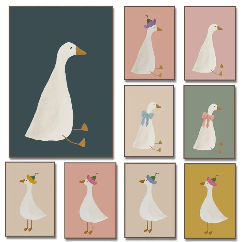 (No frame)Cartoon Silly Cute Goose with Floral Poster Canvas Painting Print Nordic Wall Art Picture Nursery Kids Room Home