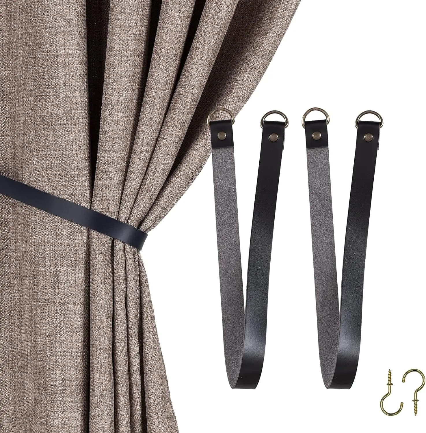Fermatende in pelle, supporti per tende da esterno con ganci da parete, set di 2 in nero