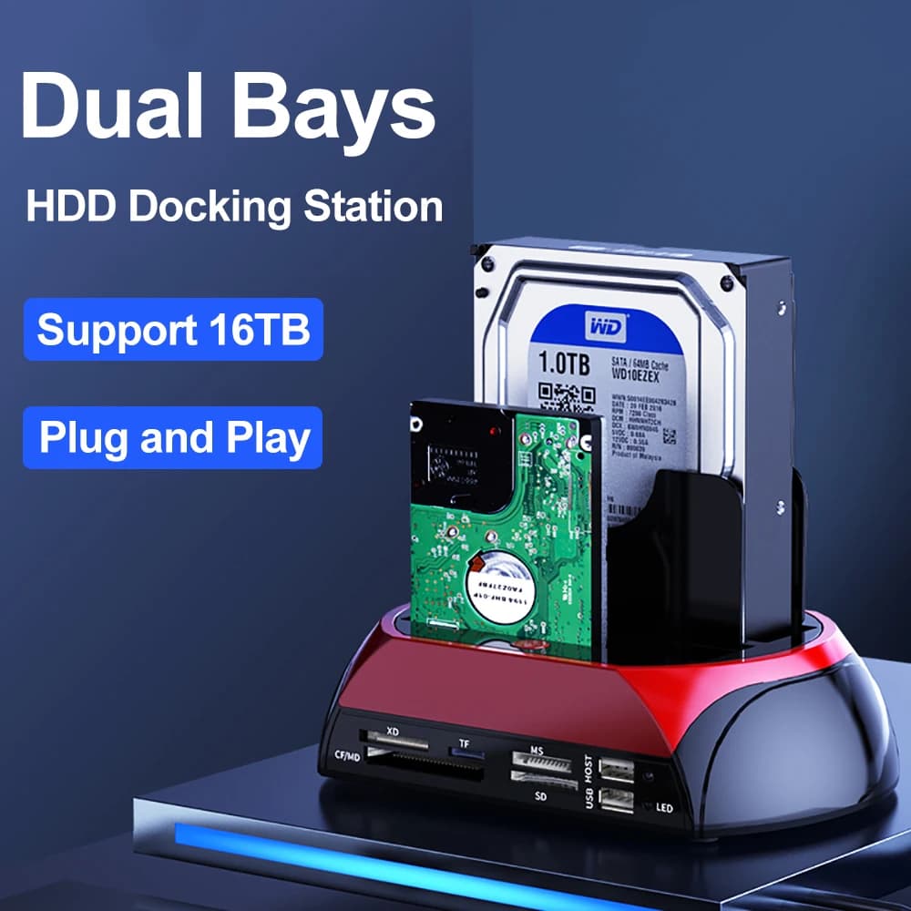 10 IN 1 IDE SATA USB3.0 Dual Bay Disco rigido esterno Docking station HDD da 2,5 pollici 3,5 pollici Lettore di schede HUB di backup con un solo tocco