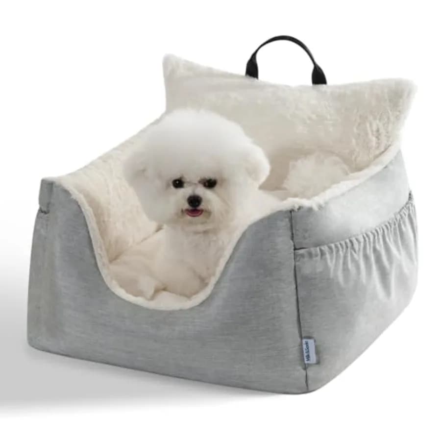 Cuccia da auto per cani di piccola taglia sotto i 9 kg con cuscino a 2 lati, tasche laterali, guinzaglio integrato, rivestimento lavabile in lavatrice, leggera