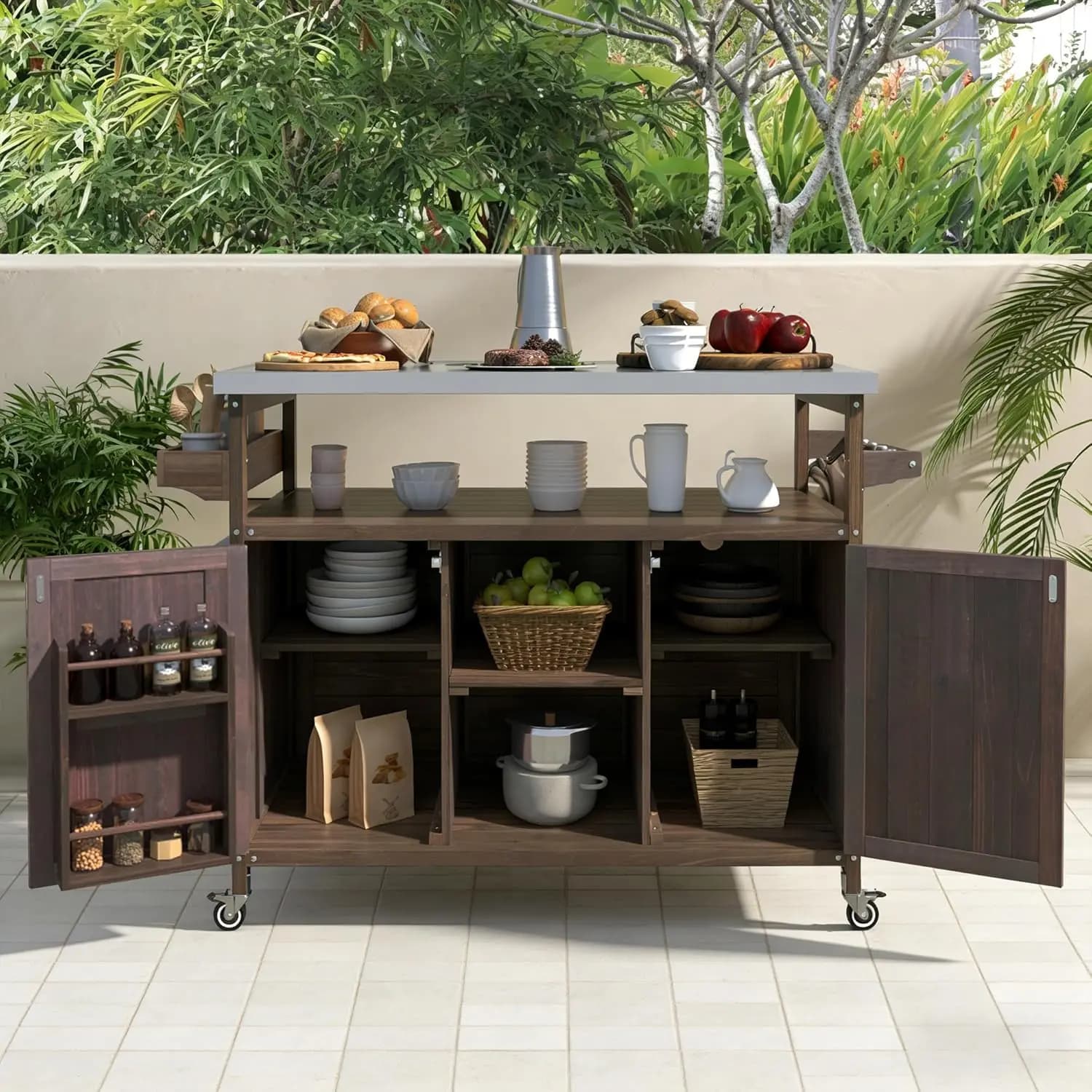 Isola da Cucina per Esterni con Piano in Acciaio Inox, Carrello Bar Mobile e Armadietto Portaoggetti, Carrello Grill da Esterno con Portaspezie e Portasciugamani