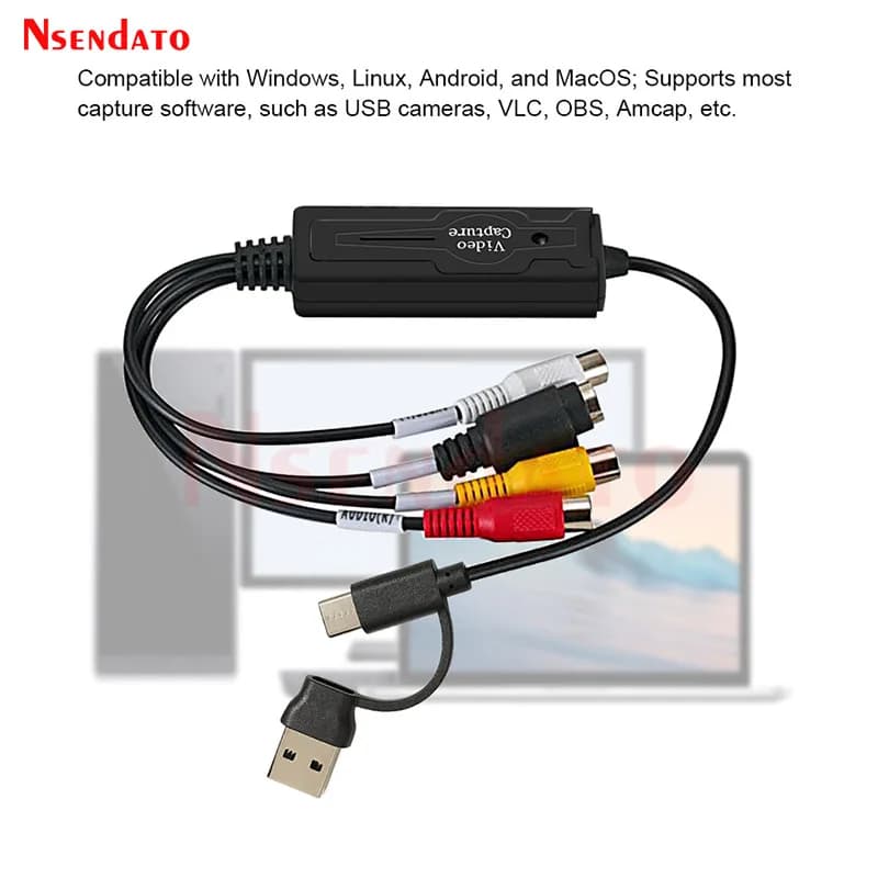 USB Type C Video Capture Card 2 in 1 Type C USB 2.0 AV Video Grabber Record Adapter RCA AV to USB C Video Recorder for PC Camera