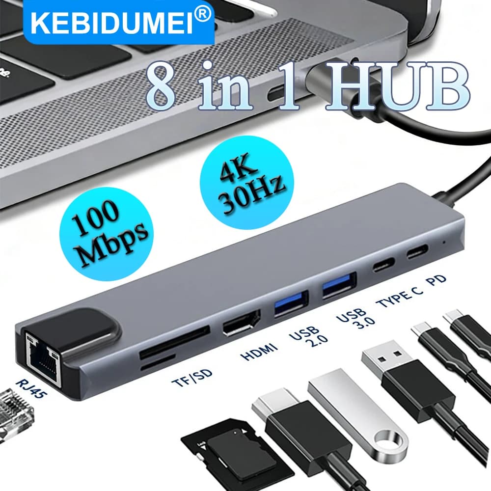 Hub USB C 8 in 1 PD 100W, Docking Station Tipo C, Splitter Multiporta 100Mbps, Uscita 4K 30Hz VGA RJ45 per Macbook Pro e Computer