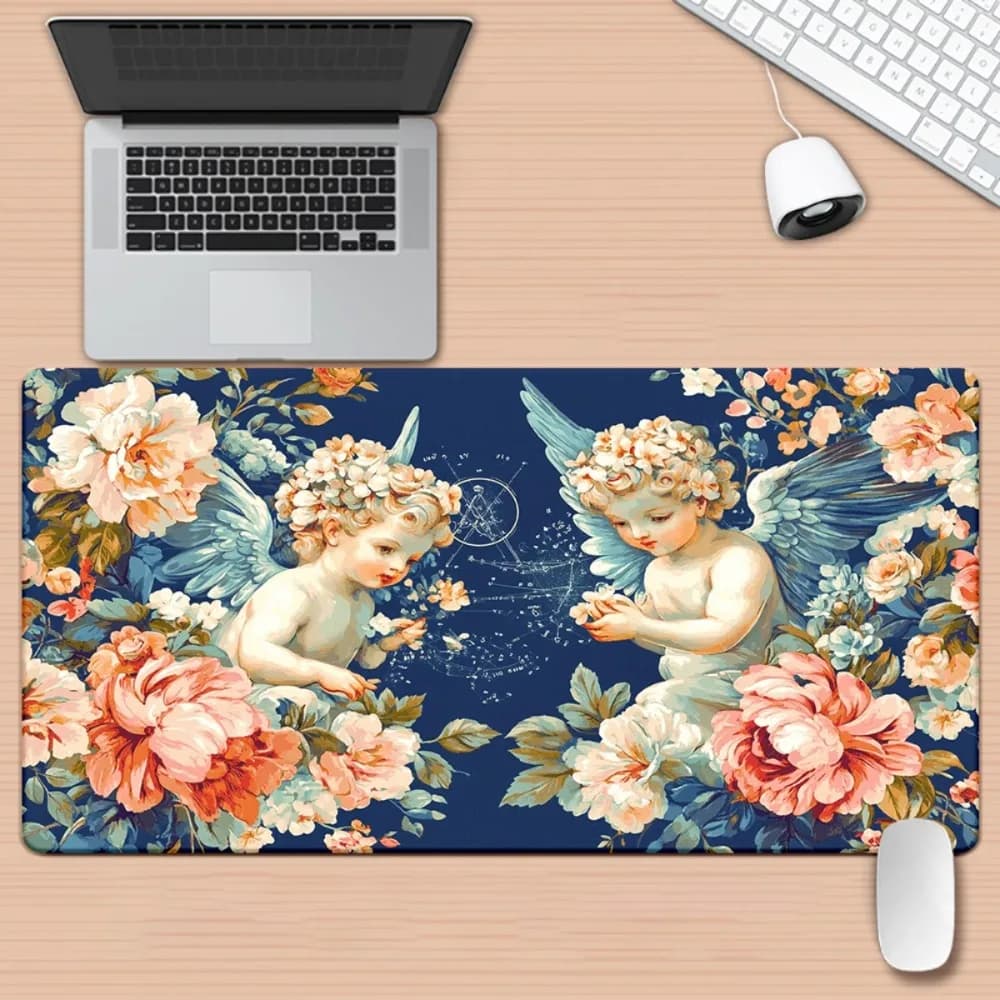 Tappetino per mouse da gaming XXL con cherubini floreali vintage, tappetino da scrivania esteso antiscivolo per gli amanti dello stile romantico