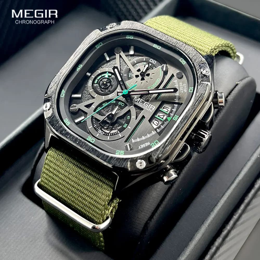MEGIR Men's Black Quartz Watch Waterproof Wrist Watch With Square Dial With Chronograph Stainless Steel Strap Luminous Hands Automatic Date Display