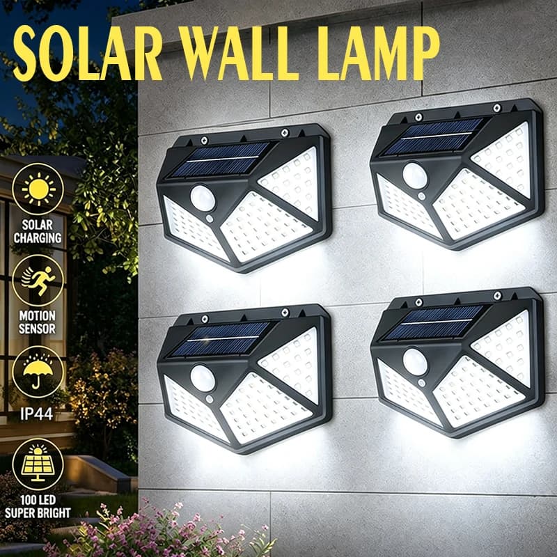 1-4pcs Solar Motion Sensor Wall Light 100LED 3 Modes Outdoor Security Lamp 4-Sided Illumination,Porch Garage Garden Commercial