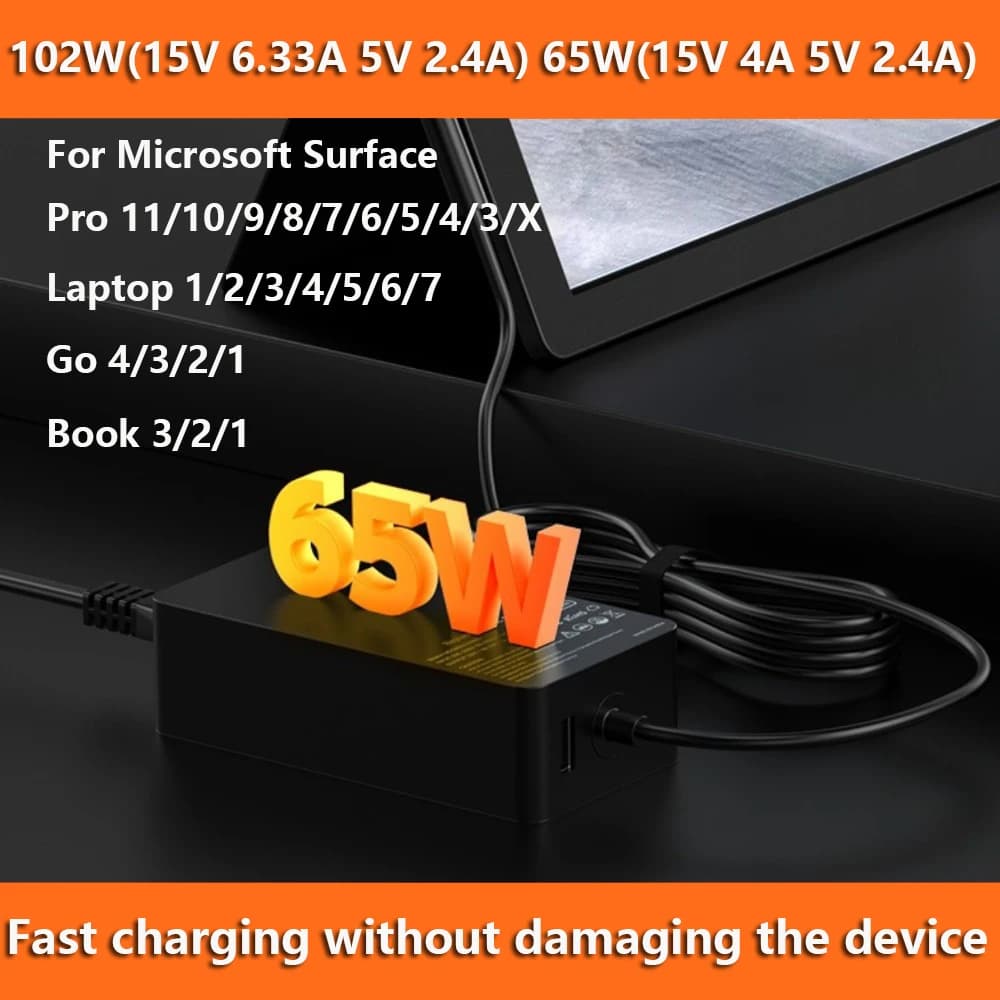 65W 102W Charger Compatible with Microsoft Surface Pro 11/10/9/8/7/6/5/4/3/X, Surface Go/Laptop/Book Pro Power Adapter Charger