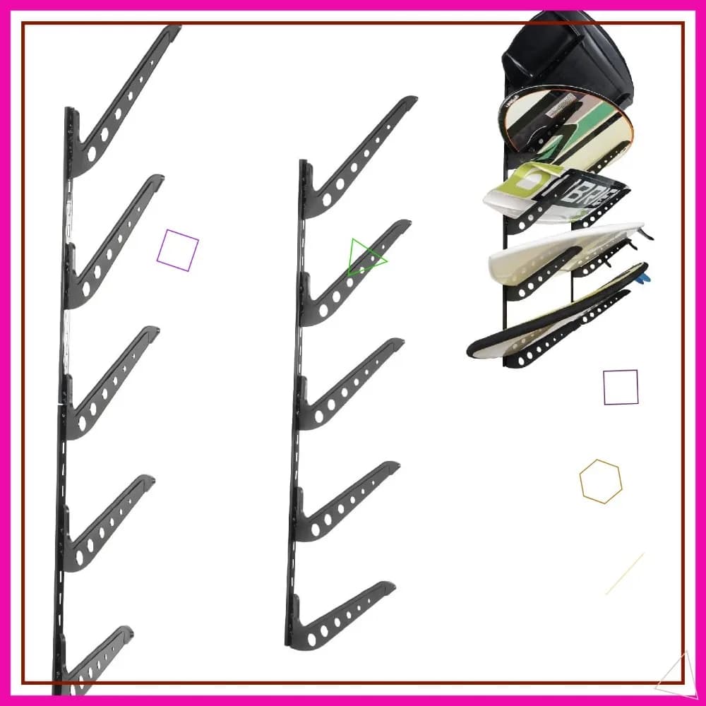 Supporto da Parete per 5 Tavole da Surf, Wakeboard, Snowboard, Appendiabiti Regolabile per Esposizione, Nero, Acciaio
