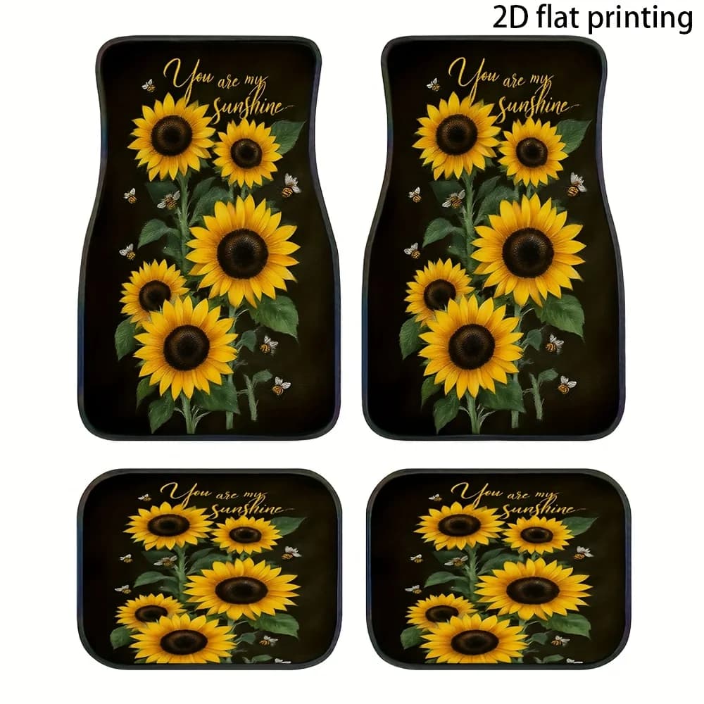 4pcs Car Floor Mats, Sunflower Bee Text Pattern, Universal Car Mats, Made Of Polyester Fiber, Washable, Suitable For Front And R