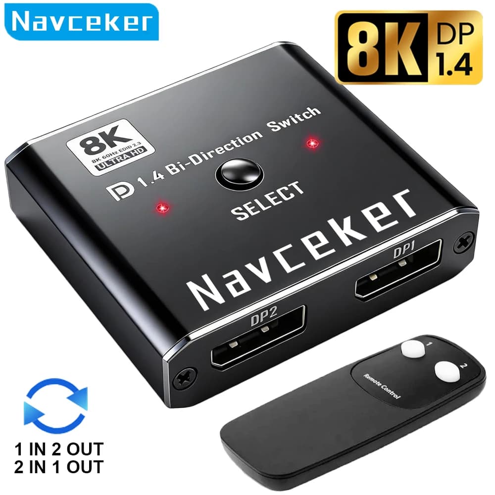 Switch DisplayPort Navceker 8K 2 in 1 out 4K 120Hz DisplayPort 1.4 con Telecomando IR, Commutatore DP 2X1 per PC, Laptop e Monitor