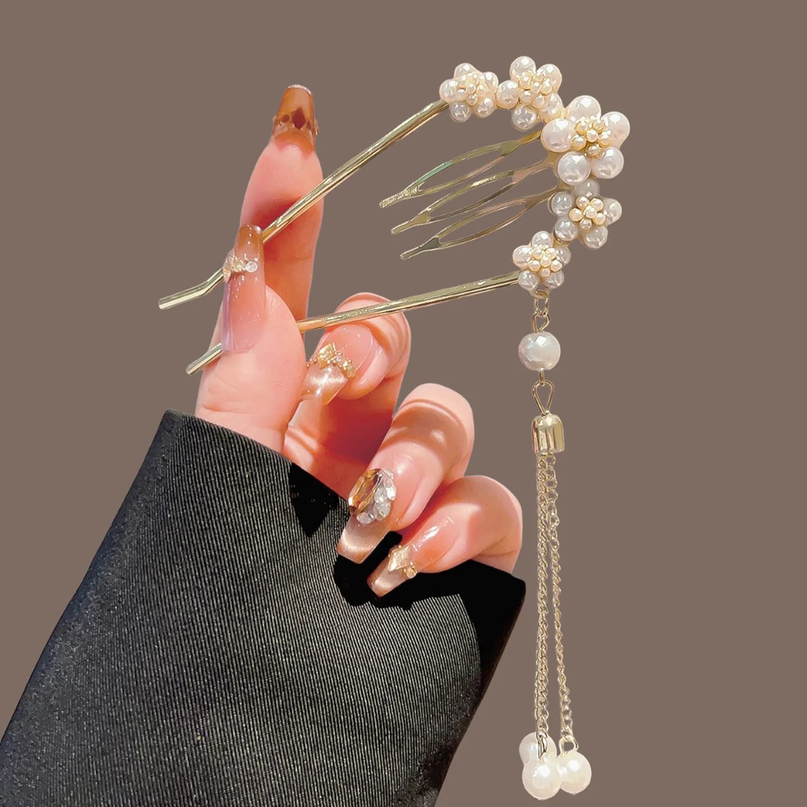 Elegante forcina a forma di U con perle e decorazioni a frange per matrimoni, feste, uso quotidiano, accessorio da donna
