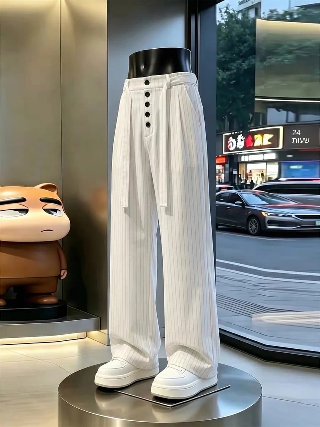 Ice Silk Men's Casual Pants Summer Drapey High-End Feel Belted Button Design Straight Leg Stripe Pattern Classic Aged Money S...