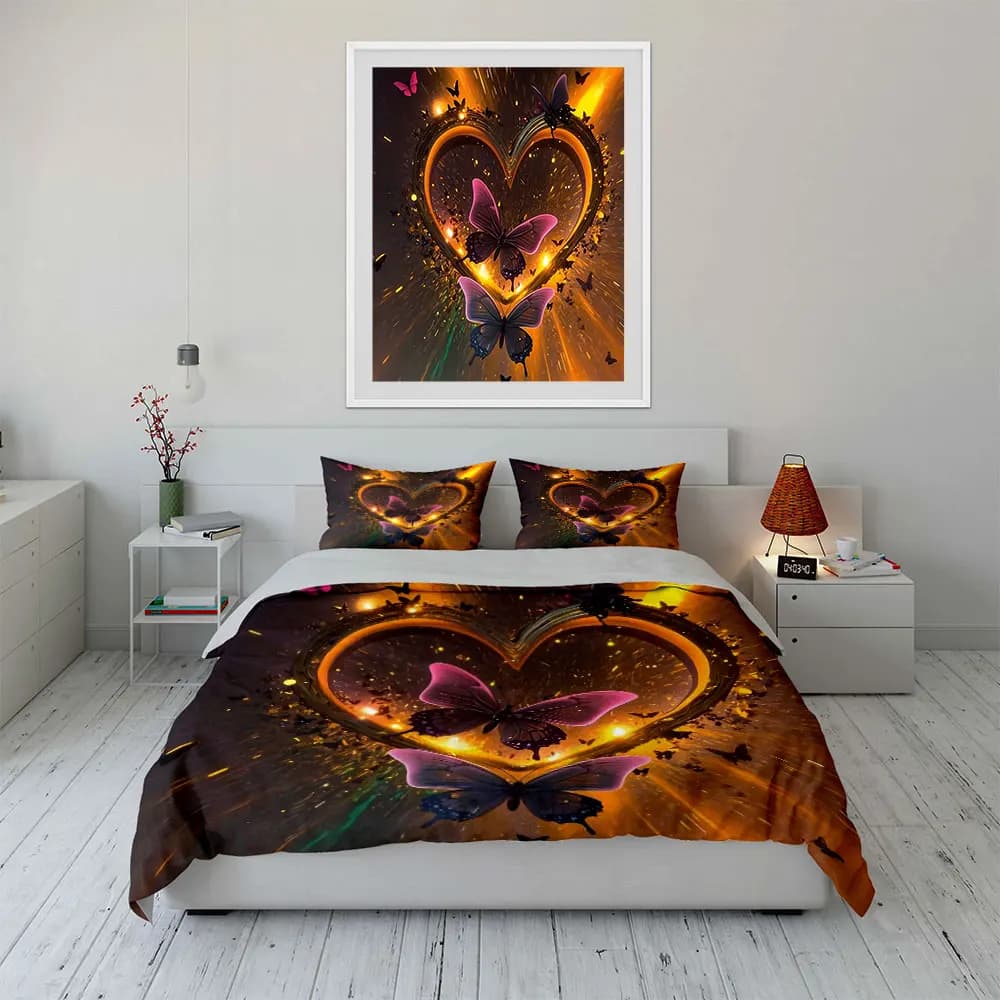 Set di biancheria da letto con decorazioni artistiche a forma di cuore e farfalla, con 1 copripiumino e 2 federe, singolo, matrimoniale, king, queen, regalo
