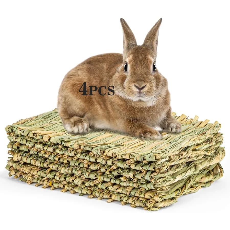4 PCS Natural Hay Woven Rabbit Grass Mats for Small Pets - Cooling Sleeping Nesting Bedding Ideal for Hamsters Rabbits Chinchil