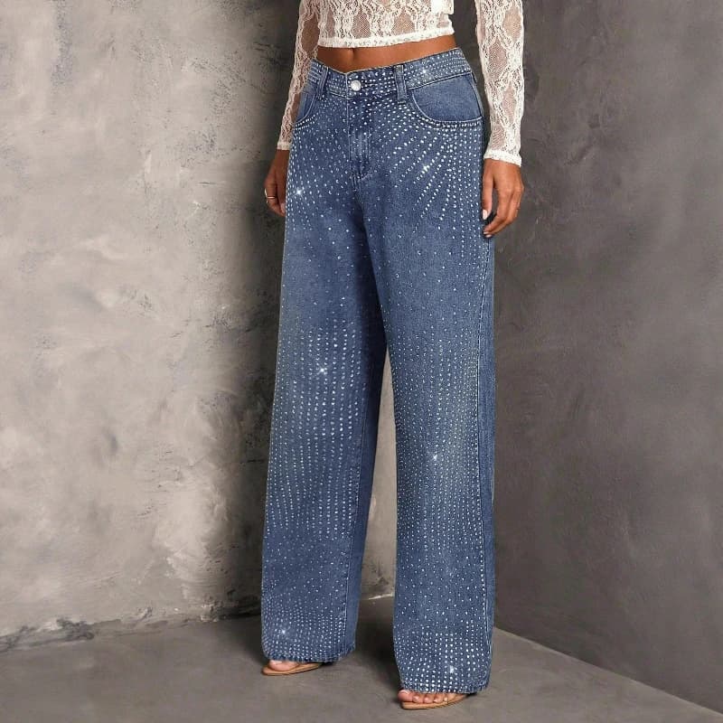 Jeans da donna Pantaloni a gamba larga Streetwear Diamanti irregolari Tasca Pantaloni in denim Pantaloni con bottoni impiombati Casual Dritto Autunno 2025