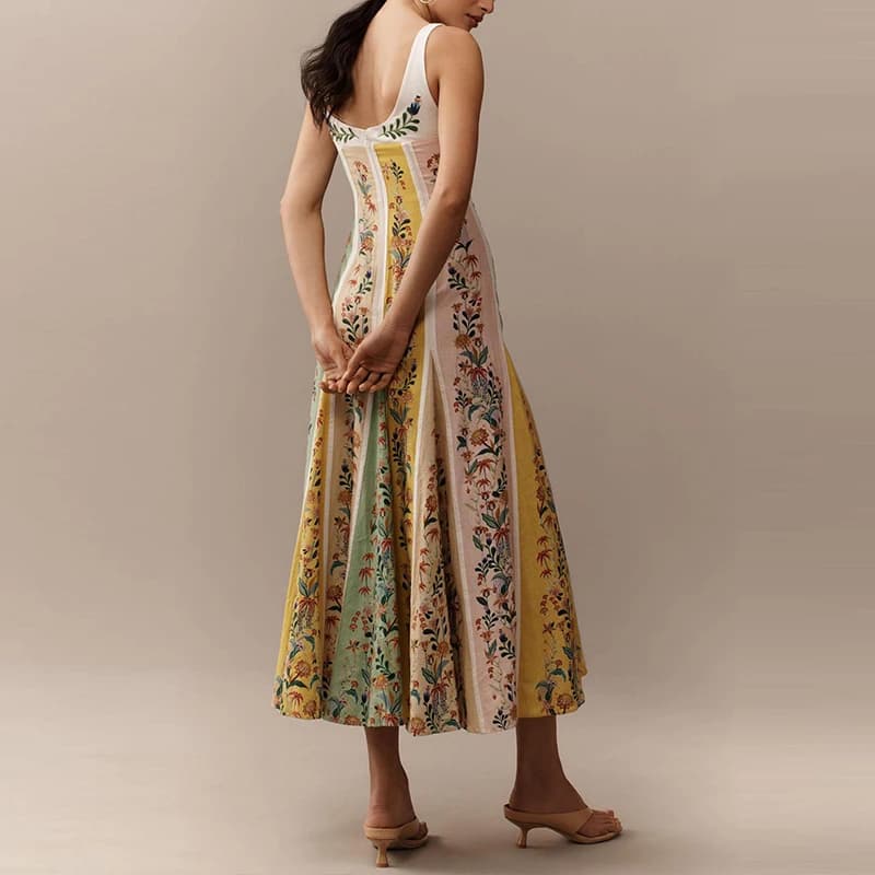Floral Tempered Printed Bohemien Slim Casual Waist Sleeveless Long Sleeveless Dress Backless Elegant Linen Pleated Dress Women's