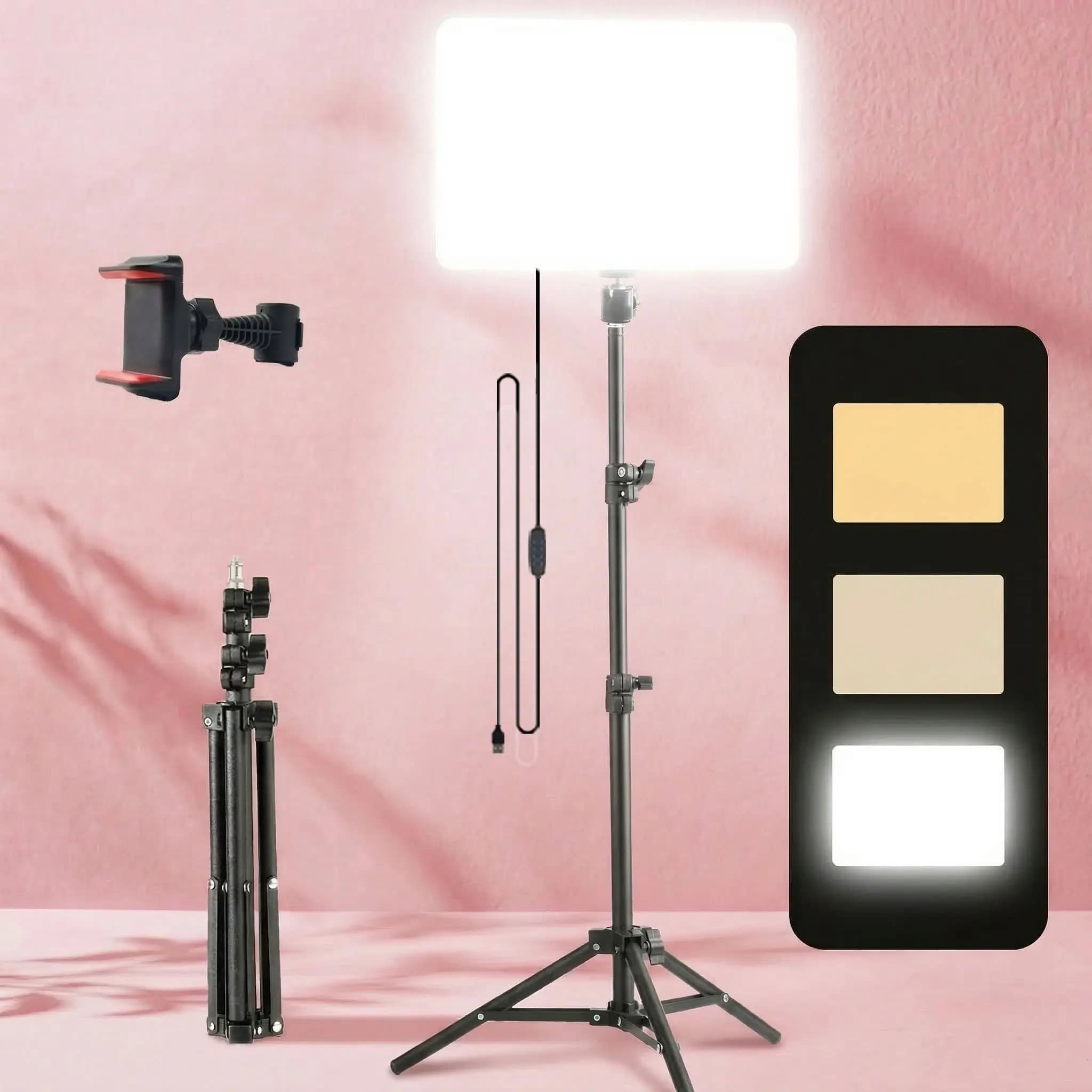Kit di illuminazione a LED per live streaming: pannello luminoso ultrasottile da 10 pollici con regolazione della temperatura a 3 colori, treppiede pieghevole da 110 cm e supporto per telefono
