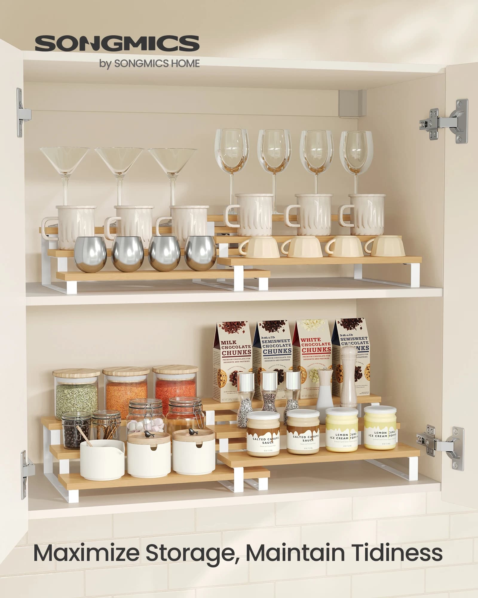 SONGMICS Set di 2 Supporti Espositivi in Legno Ingegnerizzato, Organizzatore per Profumi, Espositore a 3 Livelli per Cupcake, Porta Spezie, Supporti per Scaffali