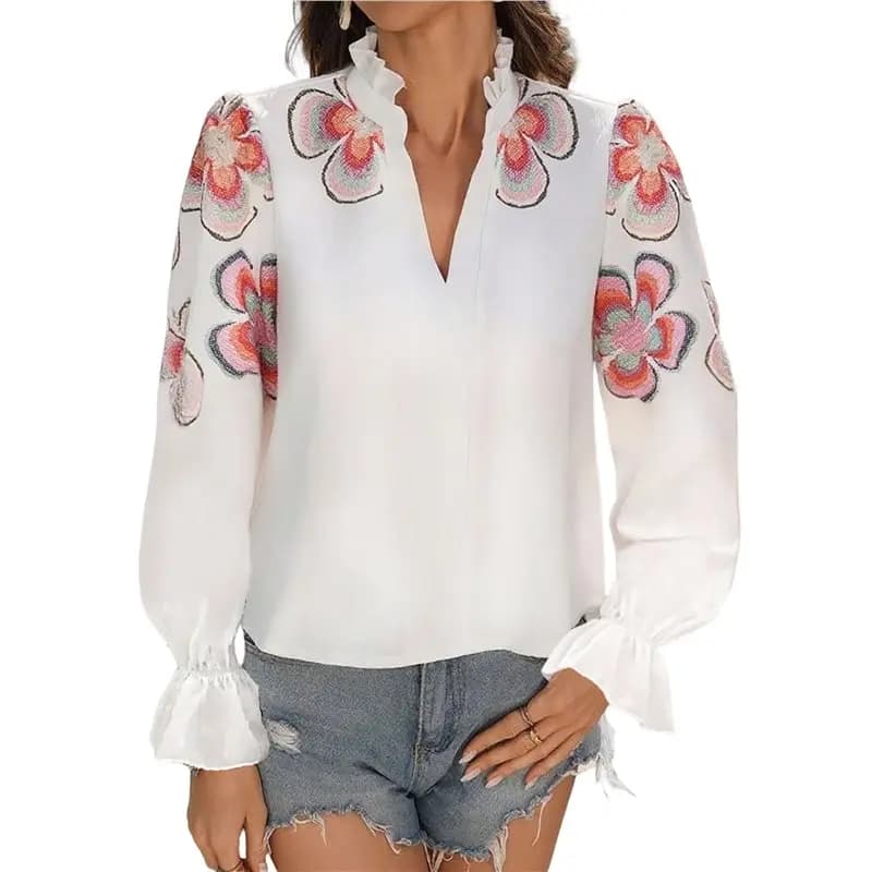 CYL-Camicette Eleganti da Donna con Stampa Floreale, Collo a V con Volant, Maniche Lunghe a Sbuffo, Moda Autunnale, Camicie Casual Eleganti