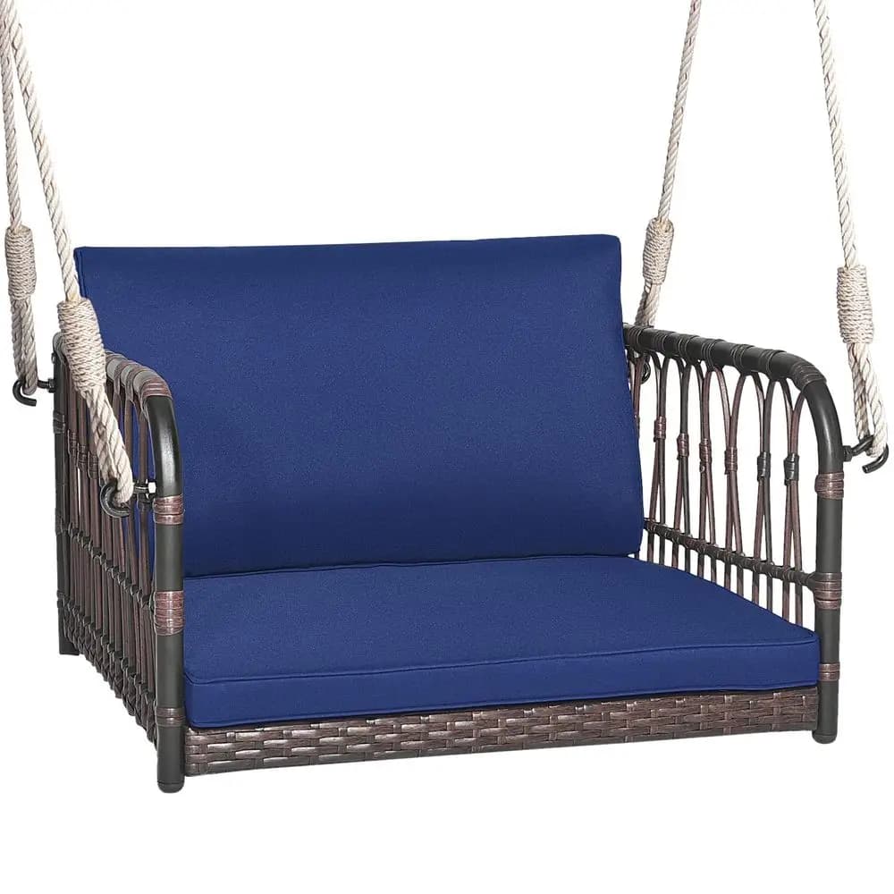 Sedia a dondolo da veranda, seduta sospesa in rattan intrecciato con corde di sospensione, ganci per cuscini, panca a dondolo in vimini per veranda, prato e giardino