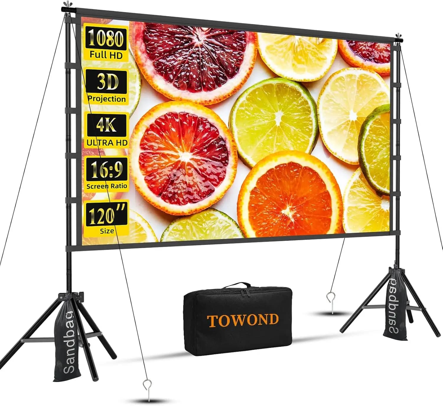 Schermo per Proiettore Portatile da Esterno 120 Pollici con Supporto, Schermo Pieghevole HD Anti-Piega per Home Theater e Campeggio