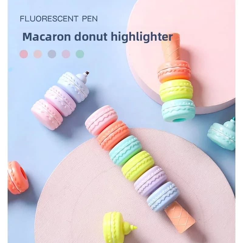 Evidenziatore serie Macaron Design dolce dessert Decorazioni da scrivania Set da 6 colori Pennarello pastello Simpatiche penne fluorescenti con giunture multicolori