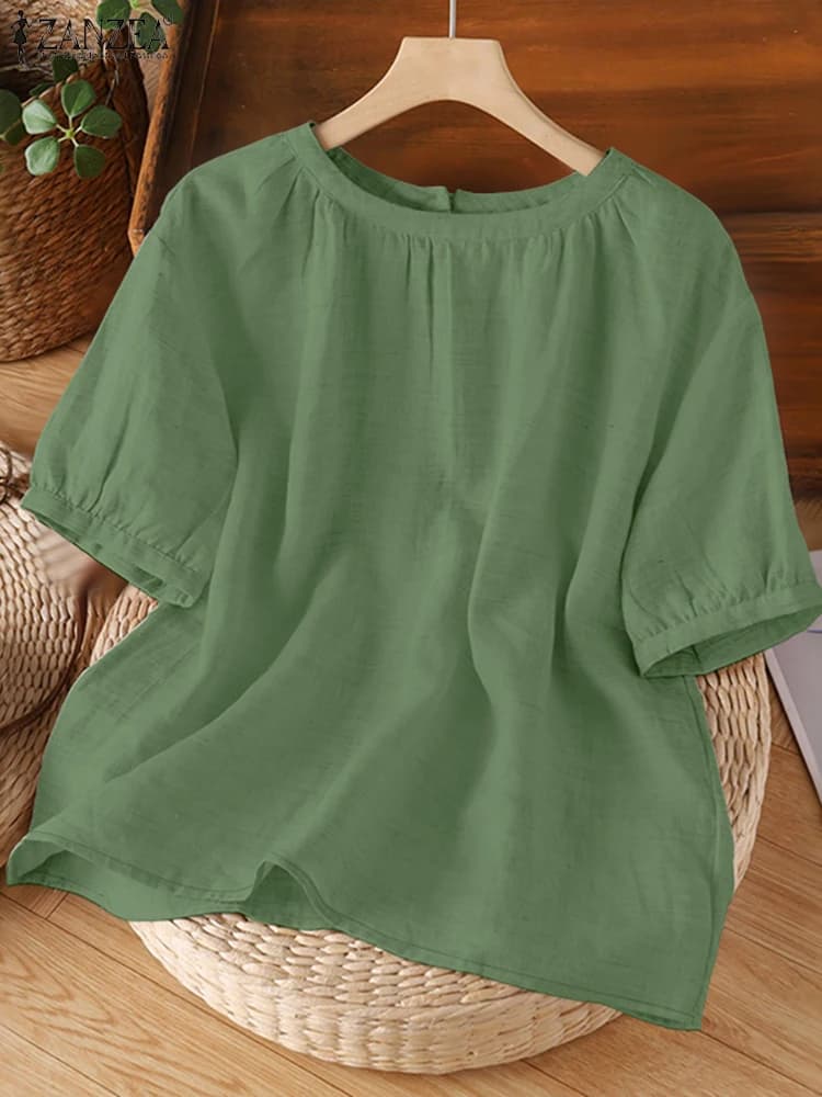 2025 ZANZEA Summer Blouses Women Elegant Solid Work Shirt Casual Short Sleeve O Neck Blusas Mujer Female Office OL Tops Oversize