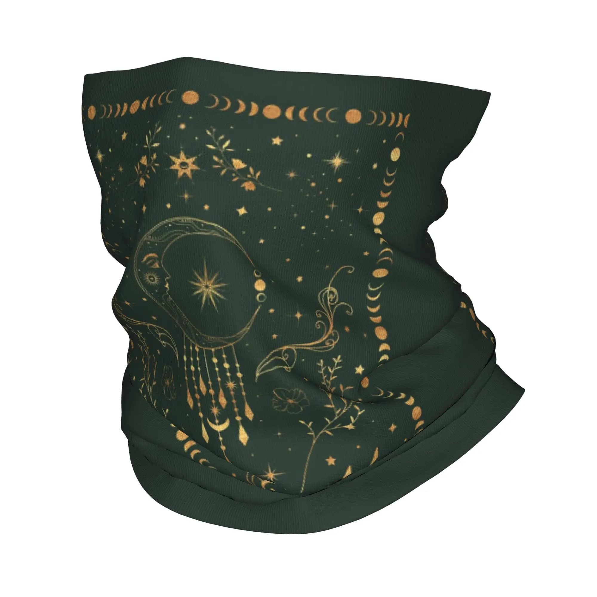 Bandana verde salvia e dorata con luna crescente, scaldacollo stampato, maschera per il viso, sciarpa calda, maschera per il viso, per correre, unisex, per adulti