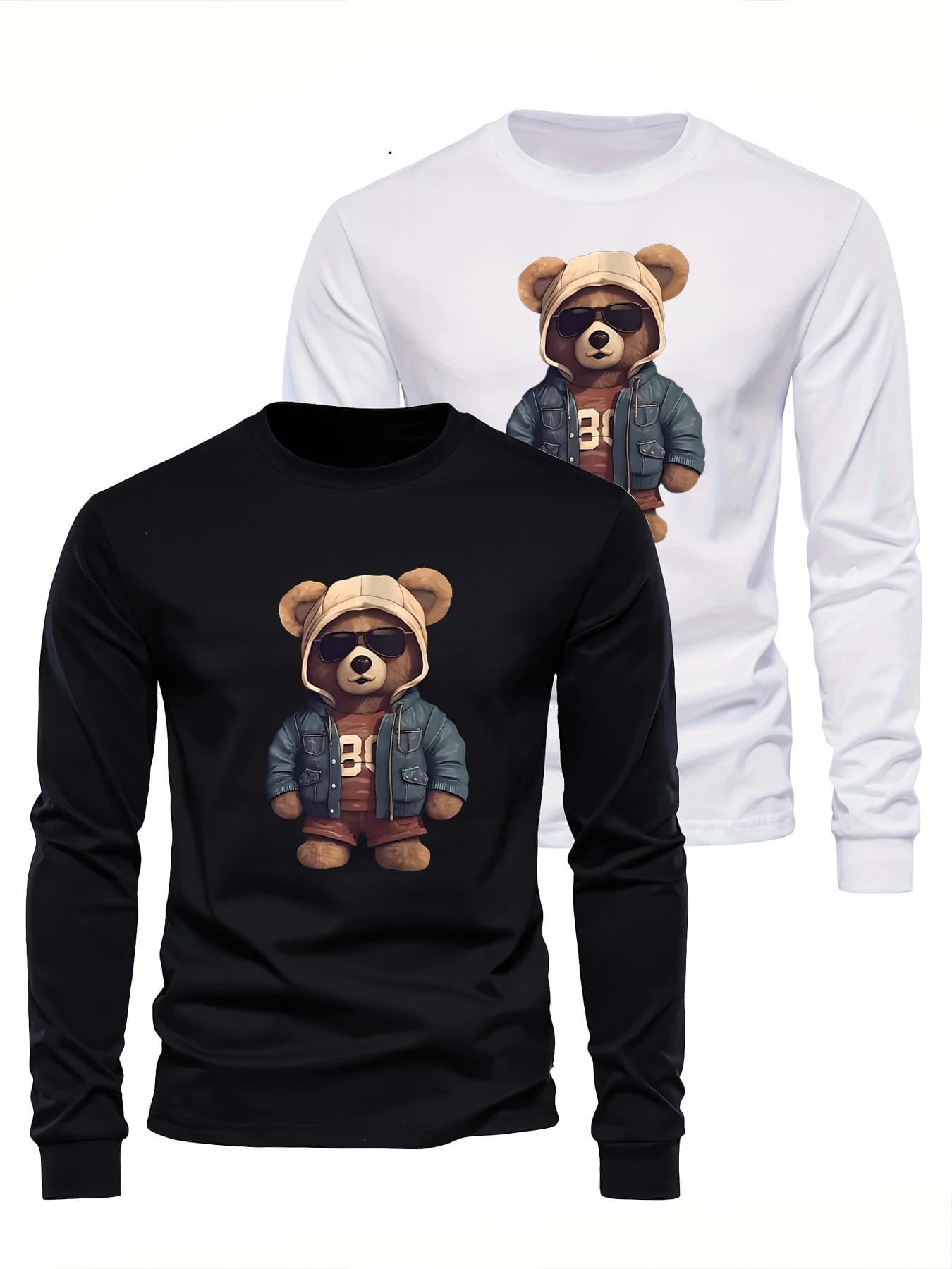 Autumn and winter t-shirt printed with loose bear pattern in casual long sleeves for men in cotton 100 versatile