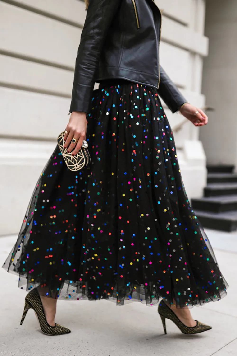 Elegante Gonna Lunga da Donna in Rete con Paillettes, Linea ad A, Vita Alta Elasticizzata, Plissettata, Lunghezza alla Caviglia, per Feste, Primavera Estate