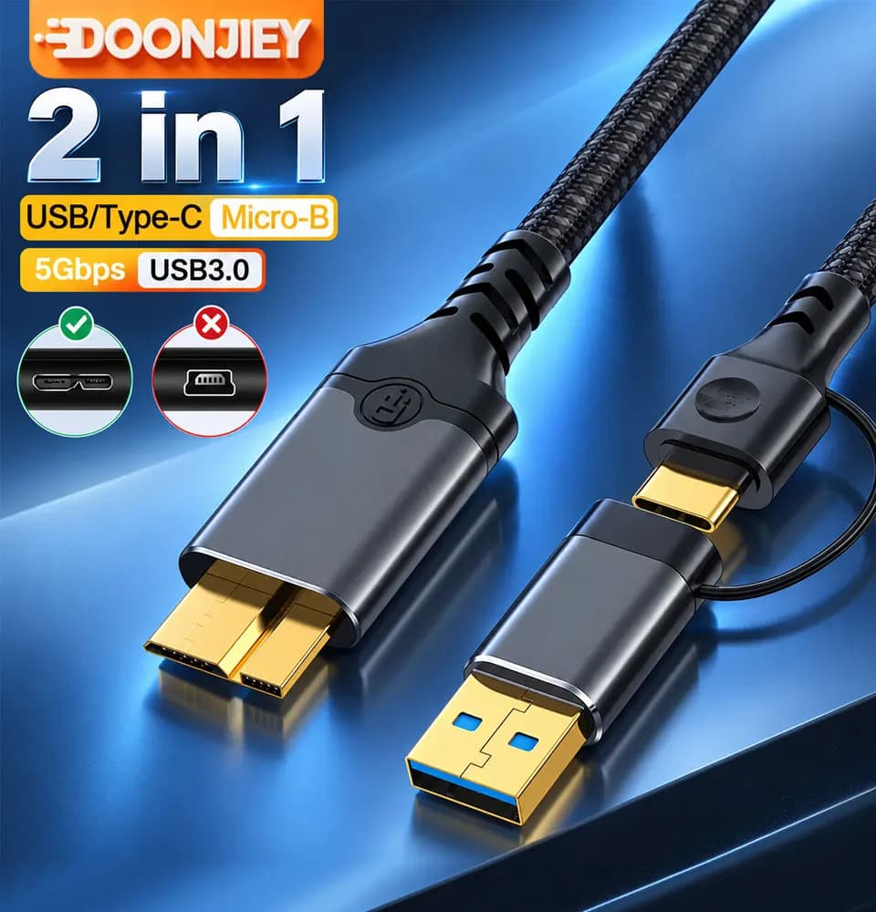 DOONJIEY USB C to Micro B Cable 10Gbps, 2-in-1 USB C to Micro USB 3.0 Fast Data Sync Cord for External SSD HDD MacBook Camera