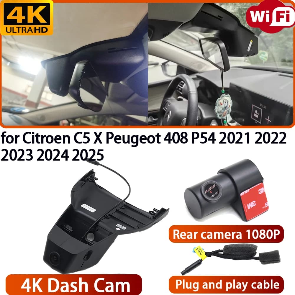 4K DVR Dash Cam with Wi-Fi and Night Vision 170° for Citroen C5 X Peugeot 408 P54 2021 2022 2023 2024 2025